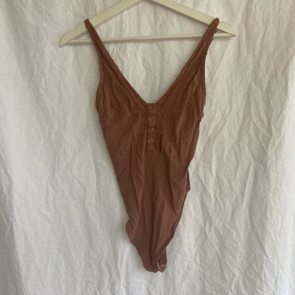 Free People Intimately brown V-Neck Buttoned Front Bodysuit Size Small - Picture 2 of 14